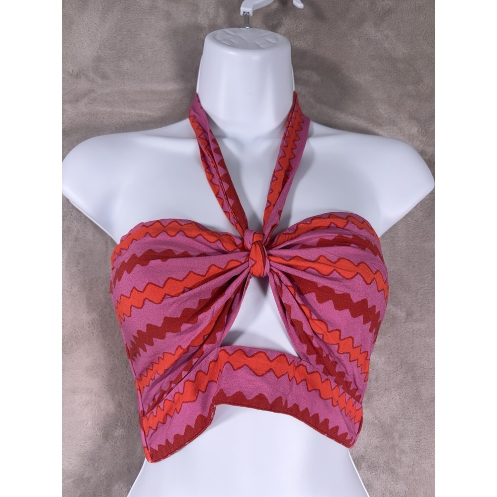 Farm Rio Crop Top Womens Medium Pink Red Striped Halter Scarf Top Cutout Resort